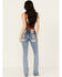 Image #1 - Miss Me Women's Medium Wash Mid Rise Denim Pieced Long Horn Stretch Bootcut Jeans, Medium Blue, hi-res