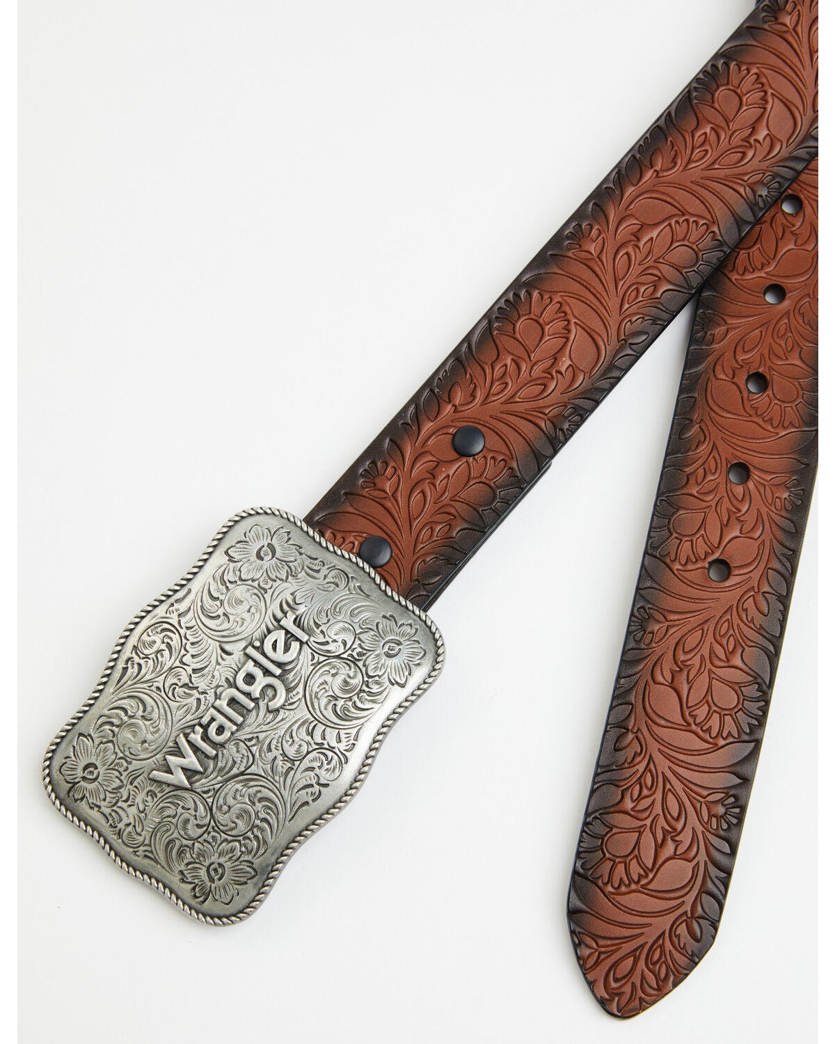 Image #2 - Wrangler Women's Floral Embossed Logo Buckle Belt, Brown, hi-res