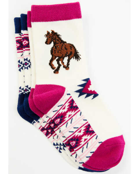 Shyanne Girl's Pink & Blue Southwestern Horse 2-Pack Crew Socks, Multi, hi-res