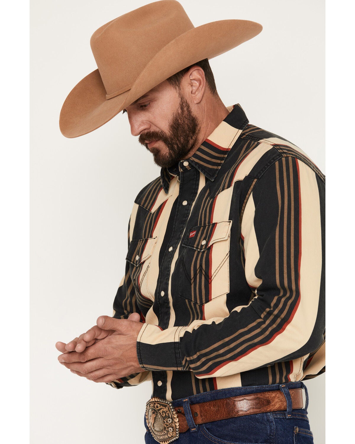 Image #2 - Wrangler X Coors Men's Cowboy Cut Striped Print Long Sleeve Snap Western Shirt, Black, hi-res