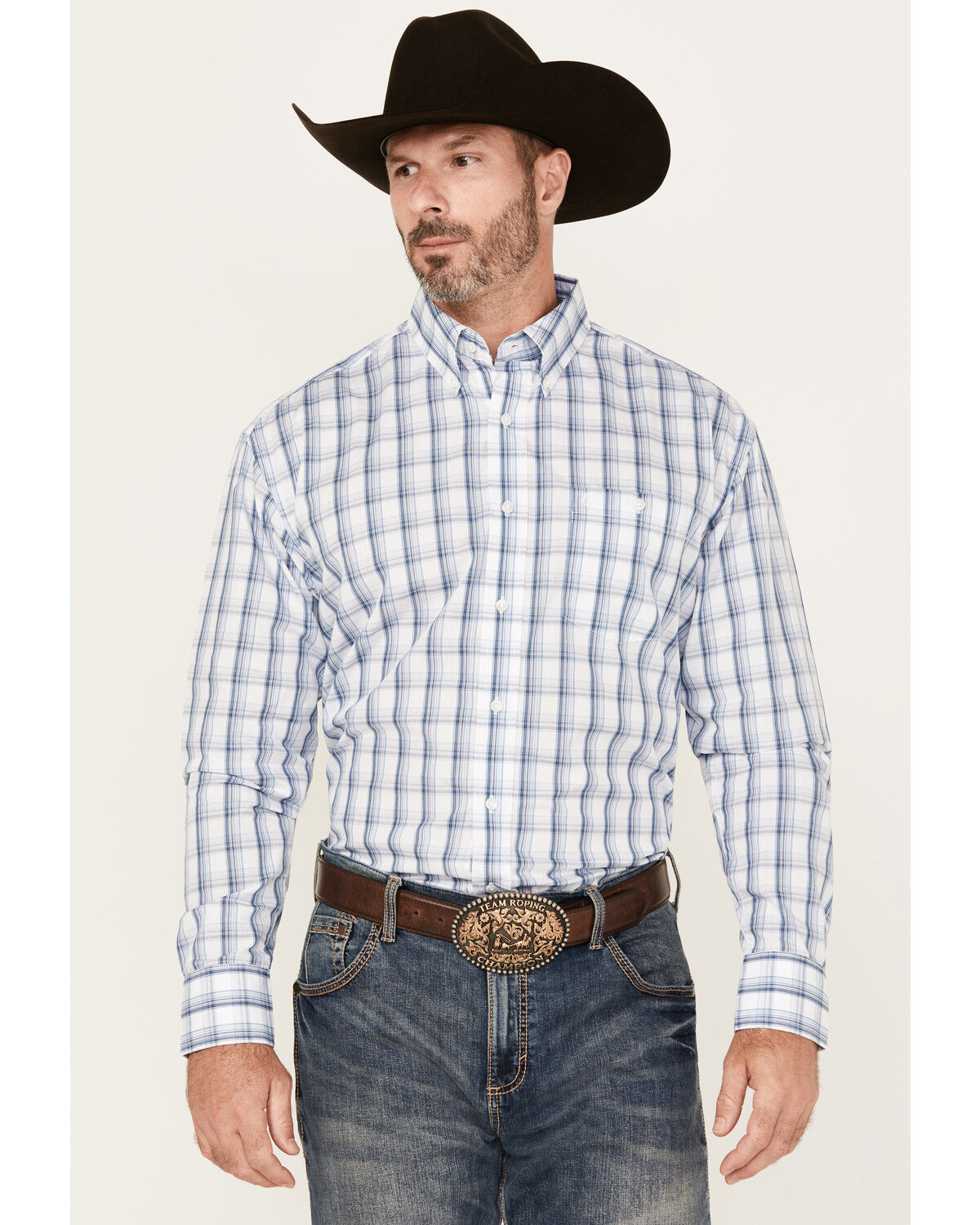 Image #1 - Wrangler Men's Classics Plaid Print Long Sleeve Button-Down Western Shirt, Blue, hi-res