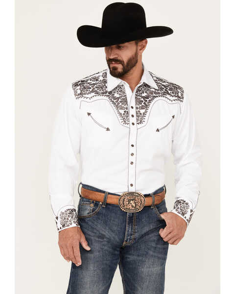 Image #1 - Scully Men's Embroidered Gunfighter Long Sleeve Snap Western Shirt, Steel, hi-res