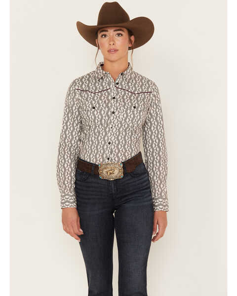RANK 45 Women's Geo Striped Print Long Sleeve Button Down Riding Shirt, Ivory, hi-res