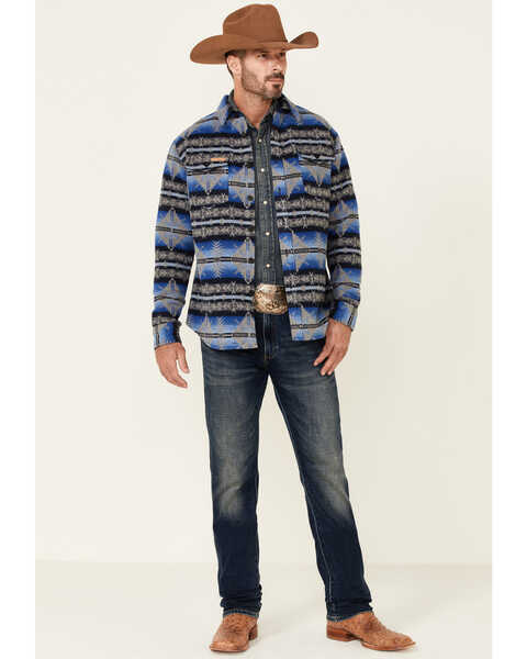 Image #2 - Powder River Outfitters Men's Blue Southwestern Print Button-Front Wool Shirt Jacket , Blue, hi-res