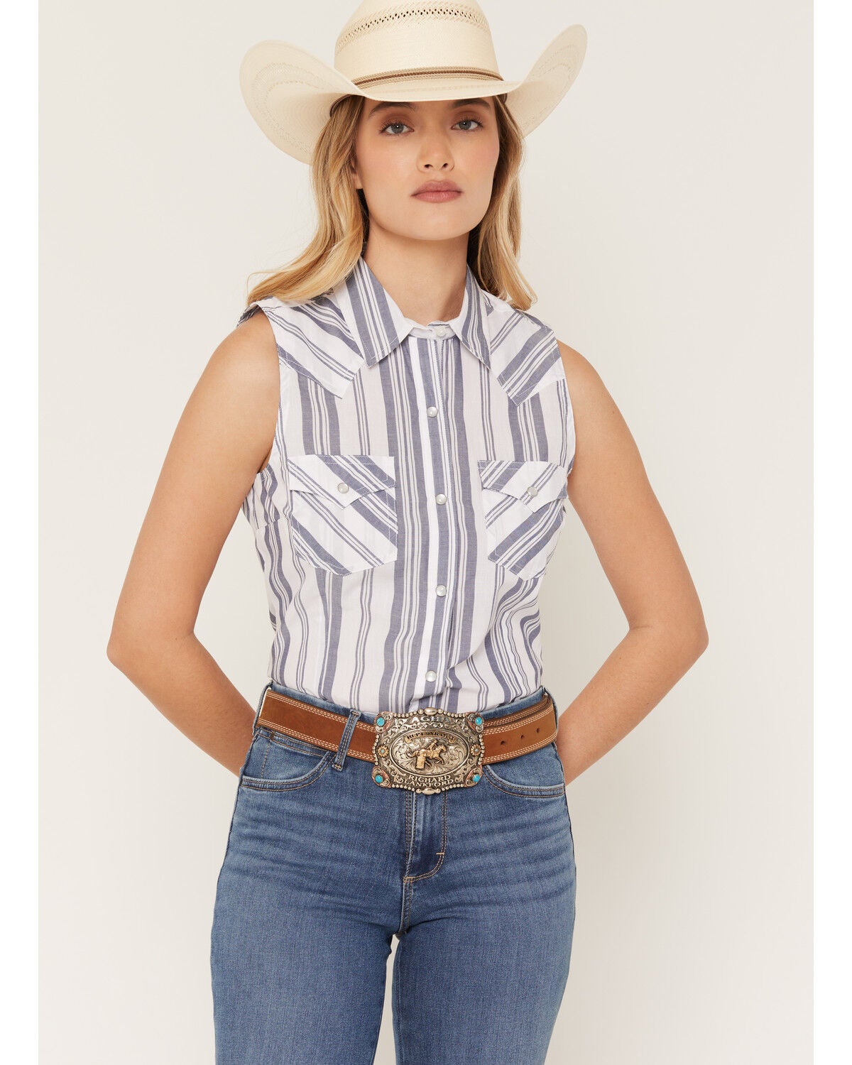 Wrangler Retro Women's Boot Barn Exclusive Striped Sleeveless Pearl Snap Western Shirt, Blue, hi-res