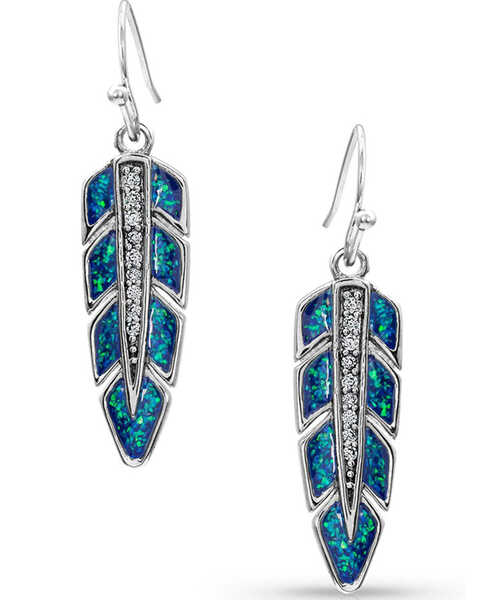 Image #1 - Montana Silversmiths Women's Hawk Feather Opal Earrings, Silver, hi-res