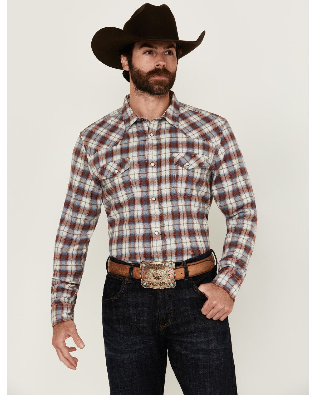 Blue Ranchwear Men's Forest Plaid Print Long Sleeve Snap Western Shirt, Red, hi-res