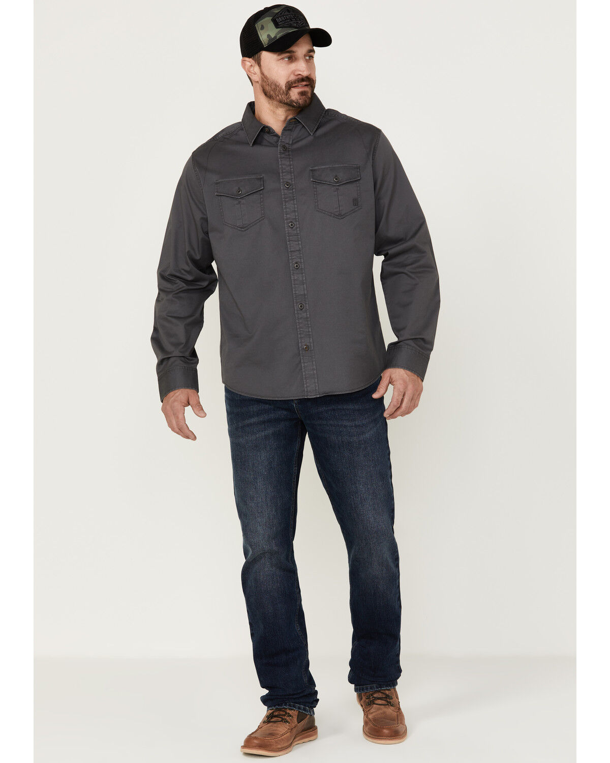 Image #3 - Brothers and Sons Men's Weathered Twill Solid Long Sleeve Button-Down Western Shirt, Charcoal, hi-res
