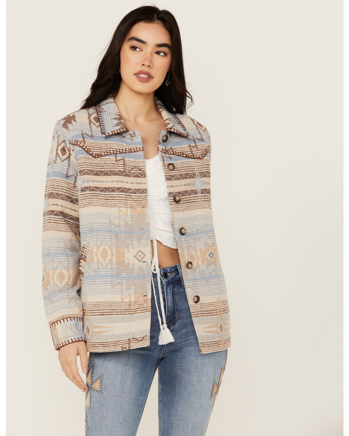 Image #1 - Idyllwind Women's Hickorydale Southwestern Print Shacket, Light Blue, hi-res