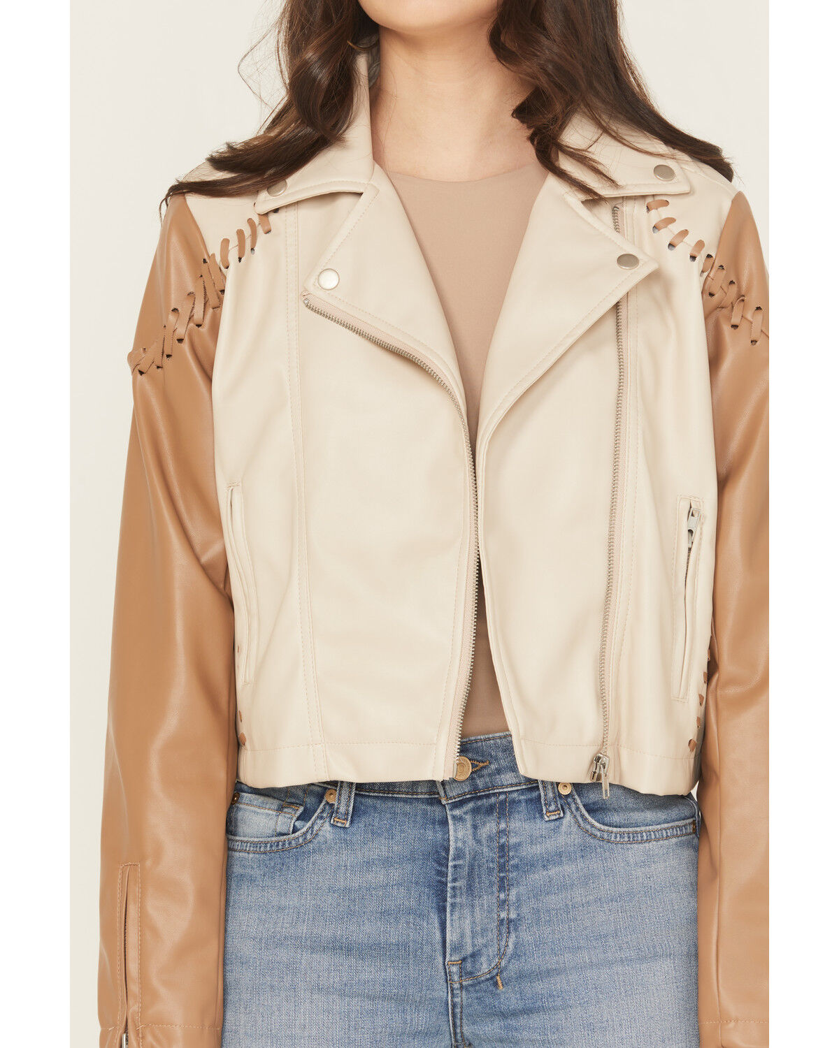 Image #3 - Blue B Women's Fringe Whip Stitch Faux Leather Moto Jacket, Taupe, hi-res