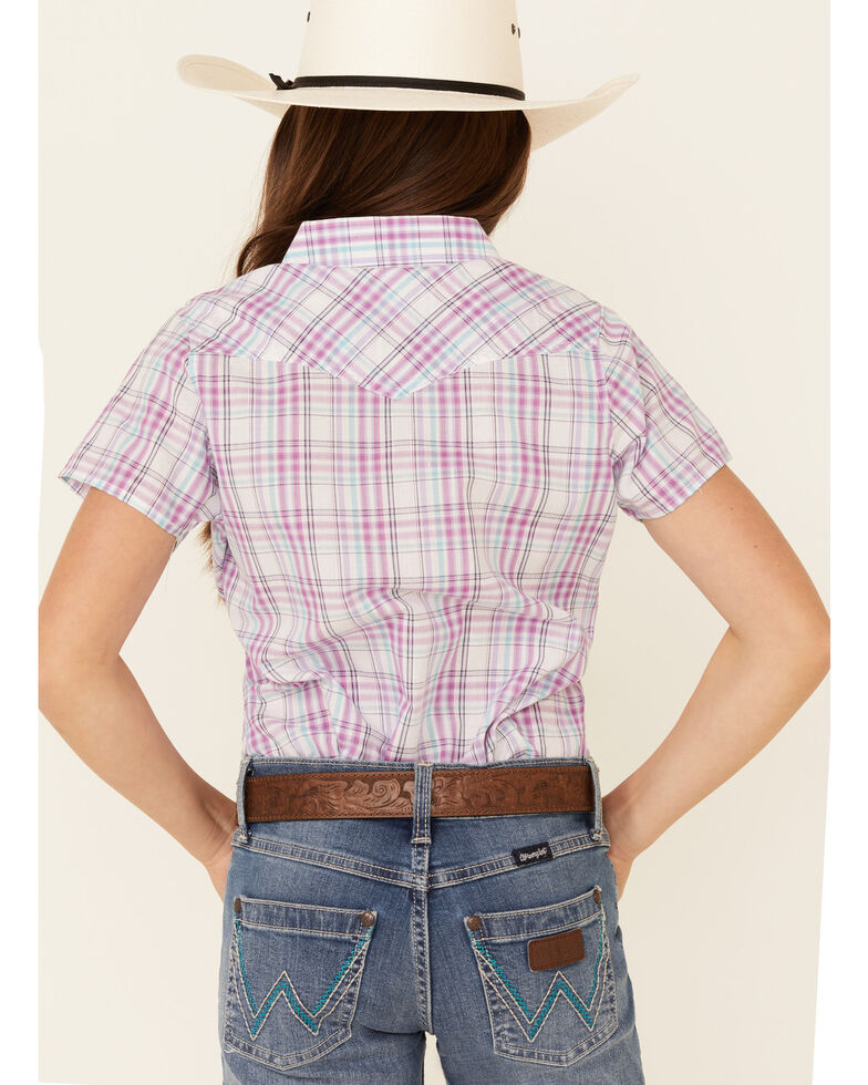 Ely Walker Girls' Assorted Lurex Plaid Short Sleeve Snap Western Shirt , Purple, hi-res