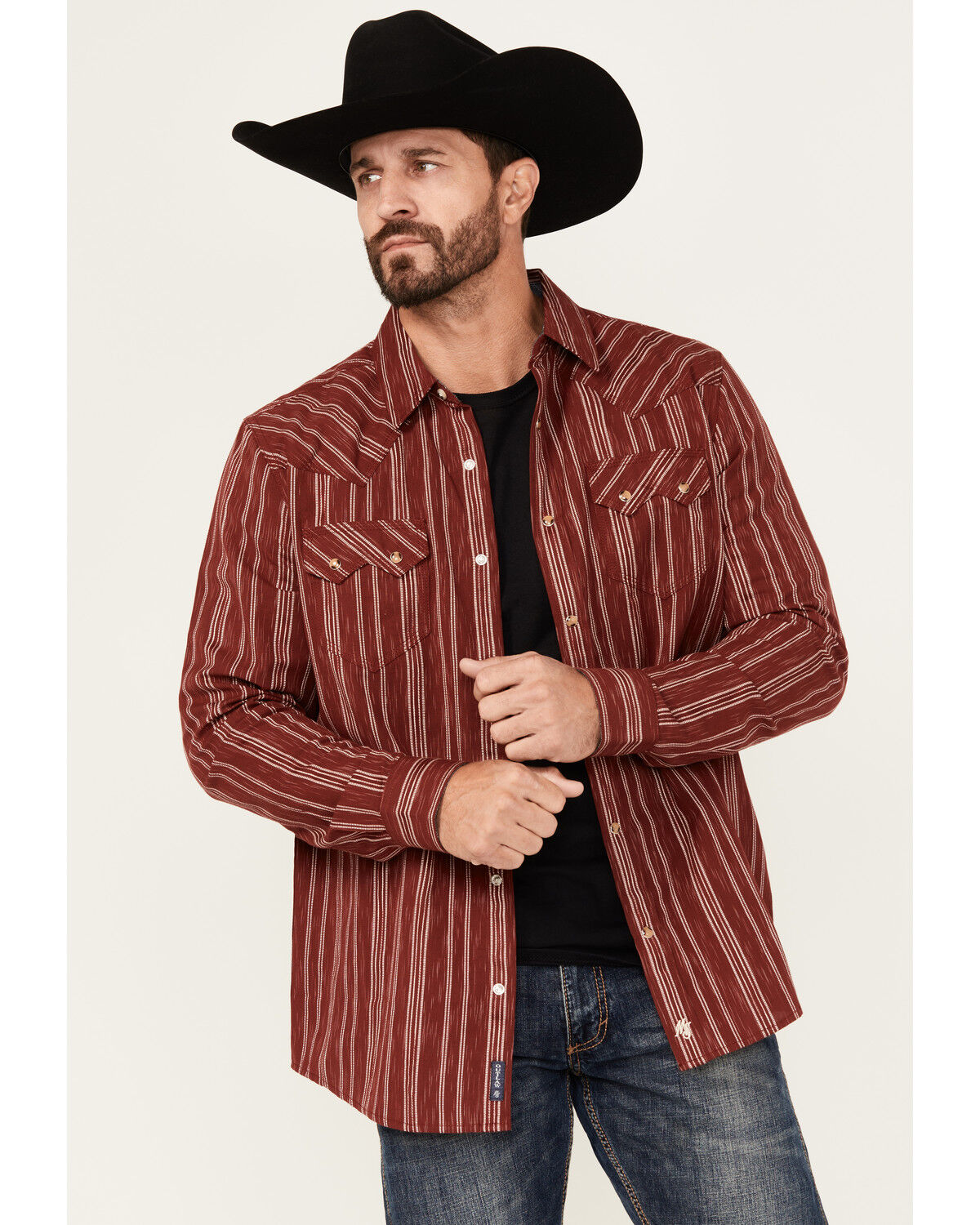 Image #1 - Moonshine Spirit Men's El Jefe Dobby Striped Print Long Sleeve Snap Western Shirt, Burgundy, hi-res