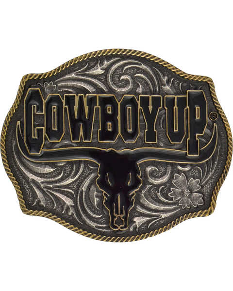 Montana Silversmiths "Cowboy Up" Longhorn Attitude Buckle, Antique Silver, hi-res