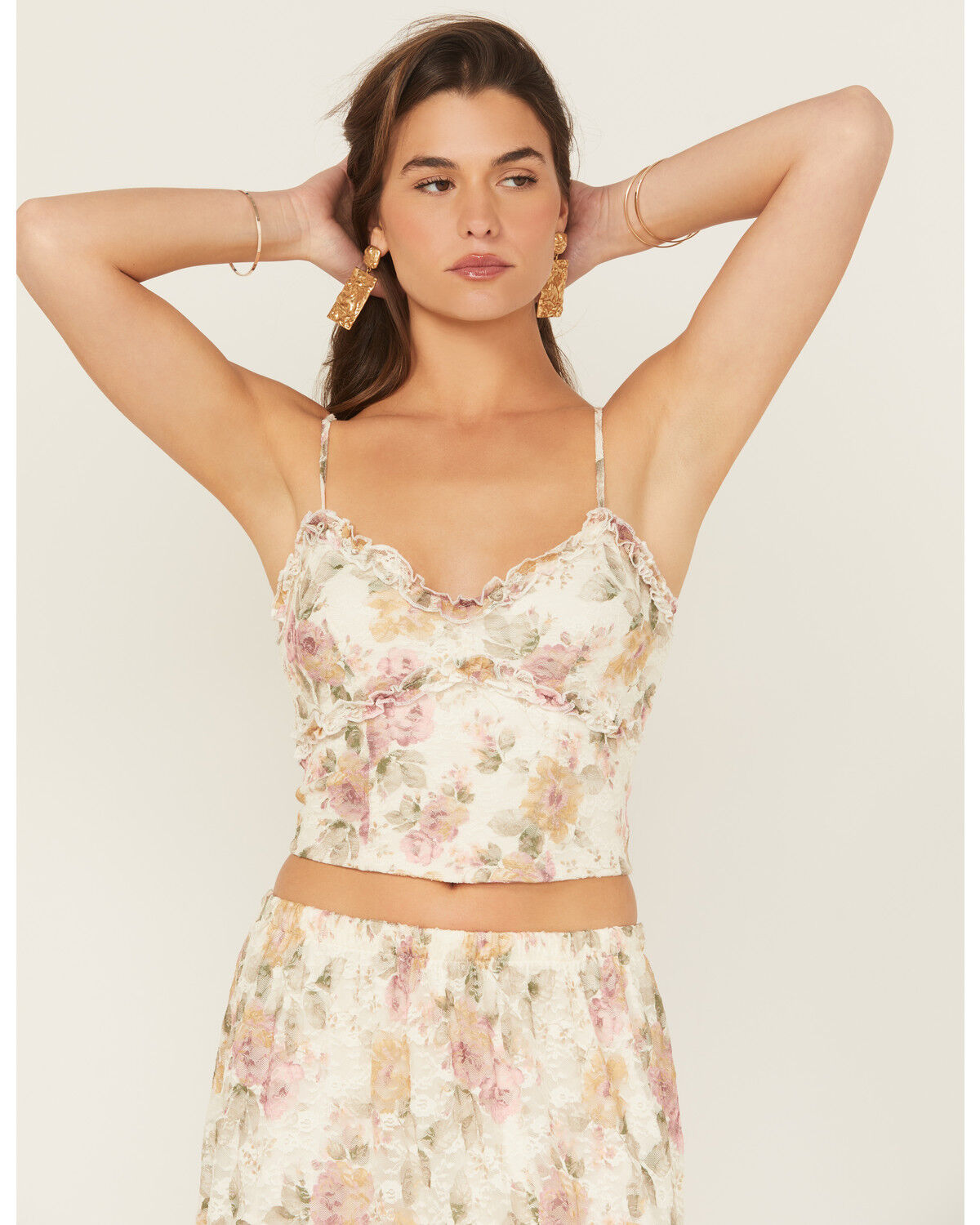 Image #2 - Originality Women's Floral Print Lace Sleeveless Cropped Tank Top, Cream, hi-res