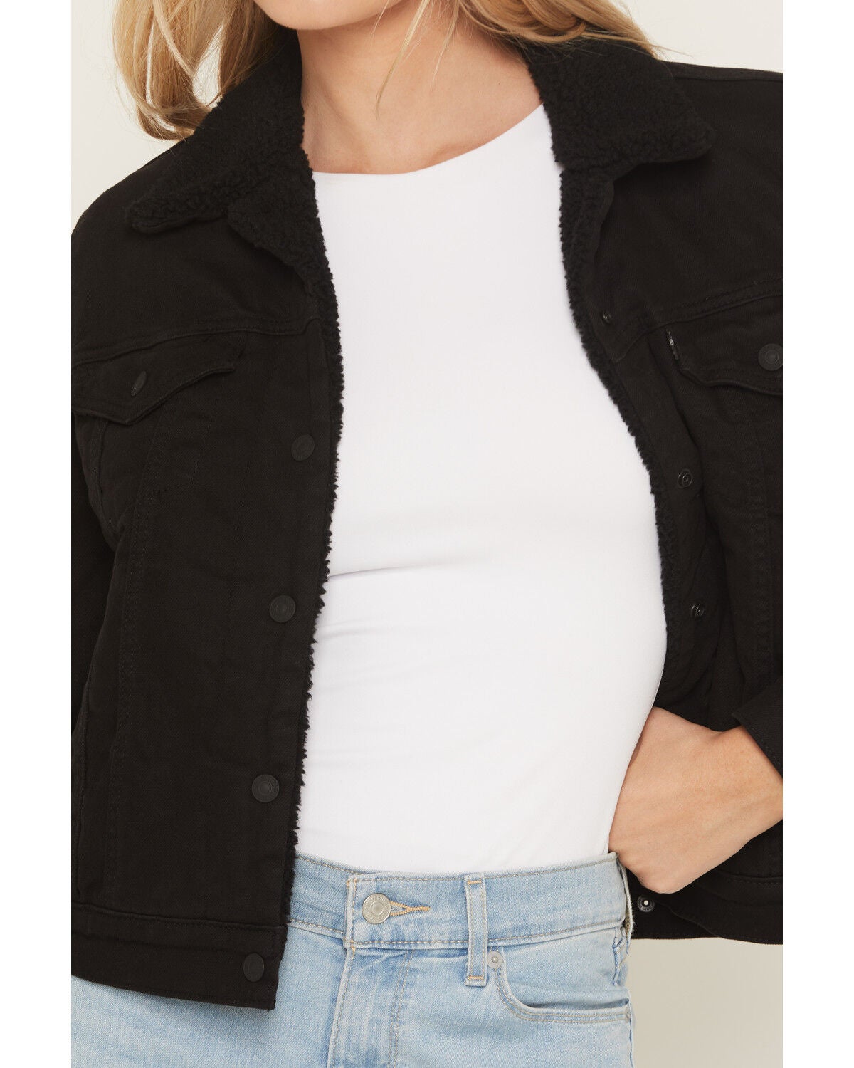 Image #3 - Levi's Women's Original Sherpa Lined Snap Trucker Denim Jacket, Black, hi-res