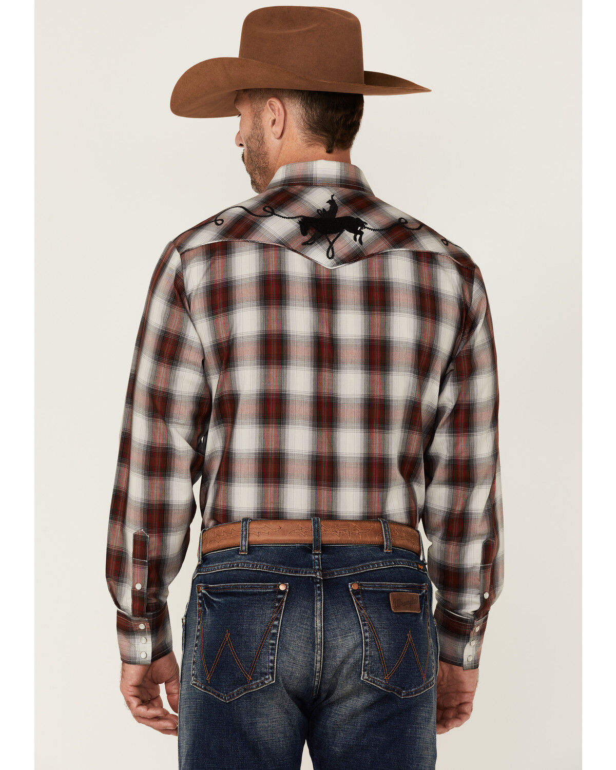 Image #4 - Roper Men's Multi Plaid Embroidered Horse Long Sleeve Pearl Snap Western Shirt, Maroon, hi-res