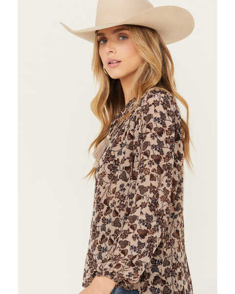 Image #2 - Revel Women's Floral Print Long Sleeve Peasant Top, Taupe, hi-res