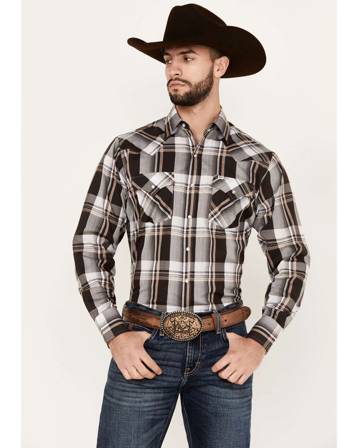 Image #2 - Ely Walker Men's Plaid Print Long Sleeve Snap Western Shirt, Brown, hi-res