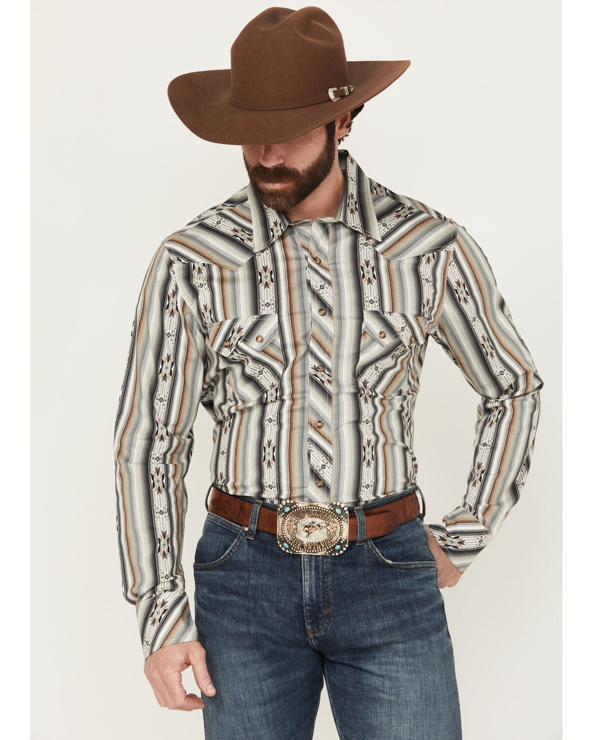 Rock & Roll Denim Men's Southwestern Striped Long Sleeve Snap Stretch Western Shirt, Black, hi-res