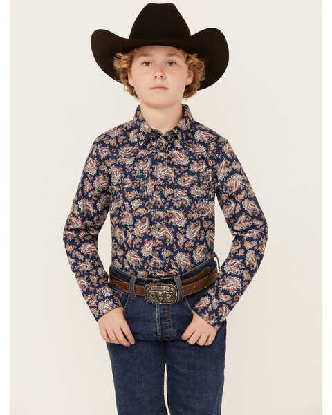 Cody James Boys' Grand Finale Paisley Print Long Sleeve Snap Western Shirt, Navy, hi-res