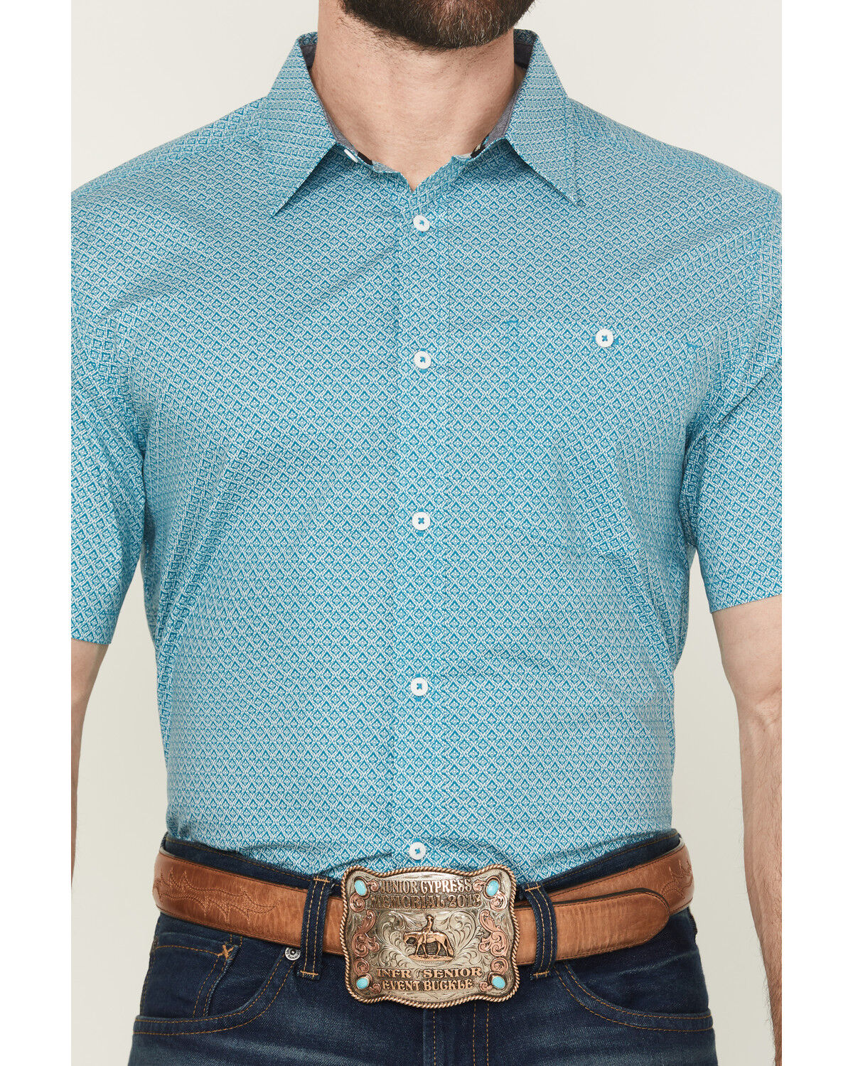 Image #3 - RANK 45® Men's Wild West Geo Print Short Sleeve Button-Down Stretch Western Shirt, Teal, hi-res