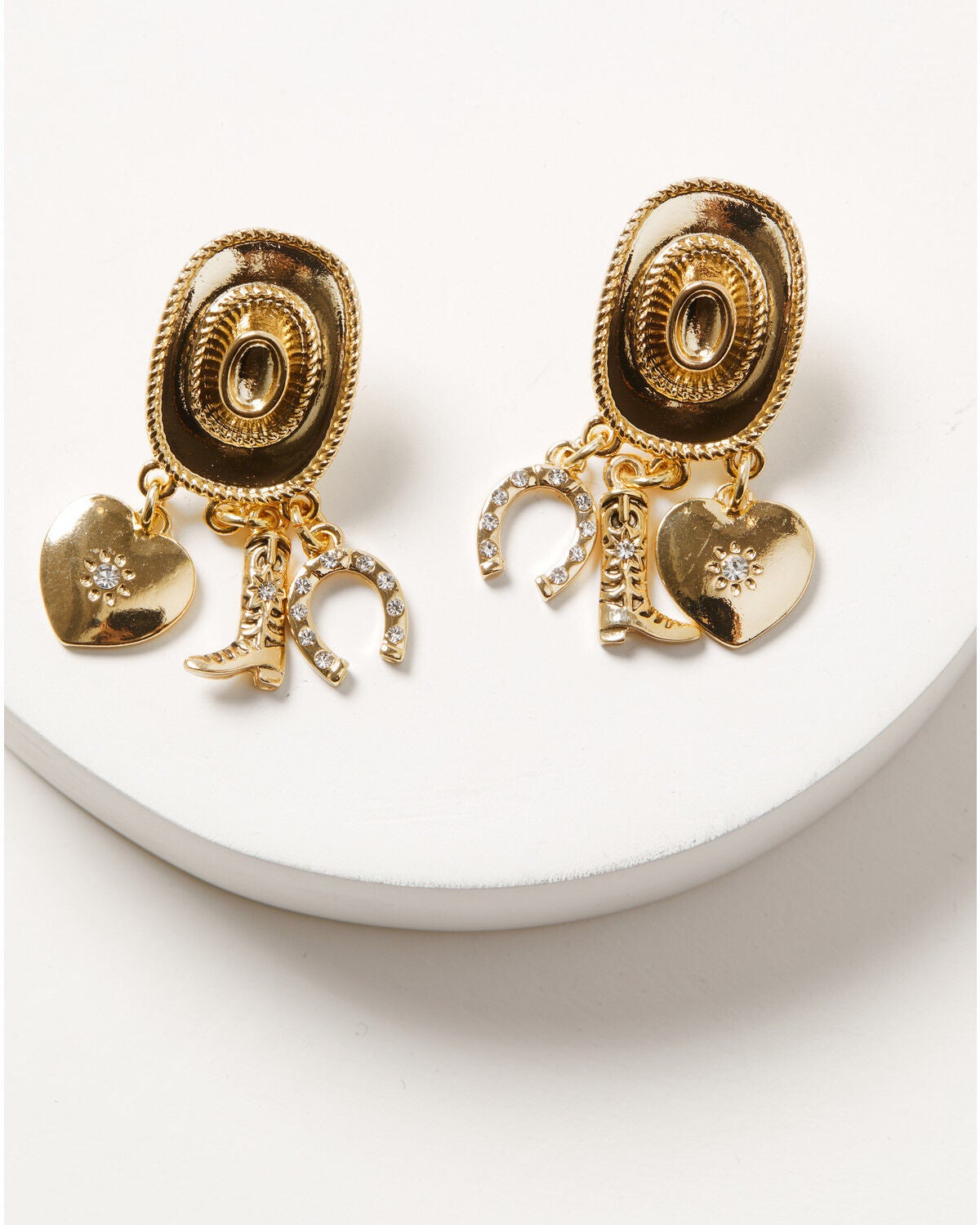Image #1 - Shyanne Women's Western Muse Cowboy Hat Charm Statement Earrings, Gold, hi-res