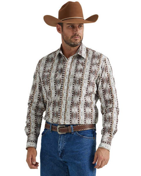 Wrangler Men's Checotah Southwestern Print Long Sleeve Snap Western Shirt - Tall , Brown, hi-res