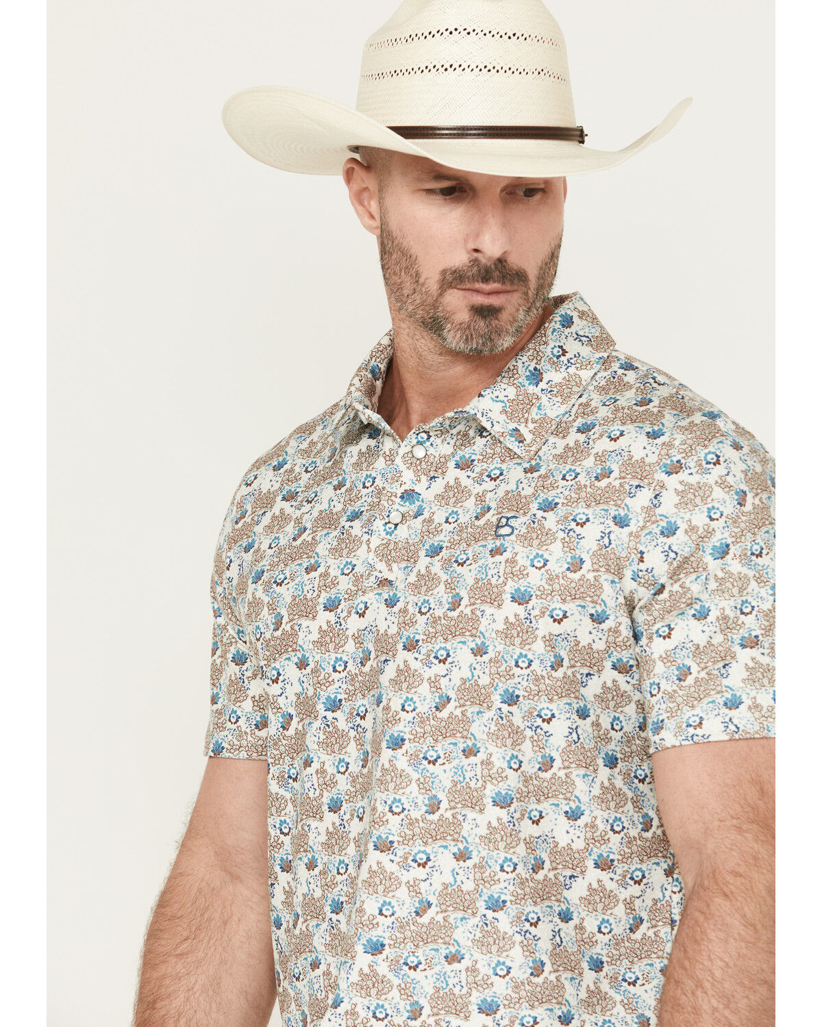 Image #2 - Panhandle Men's Cactus Print Short Sleeve Snap Performance Polo, Natural, hi-res