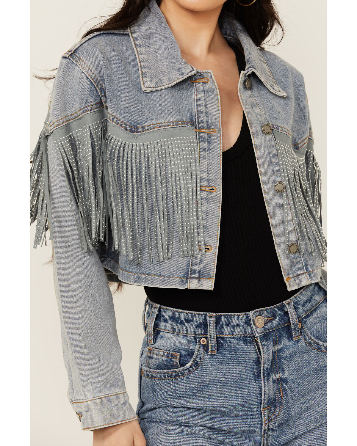 Image #3 - Veveret Women's Light Wash Studded Fringe Cropped Denim Jacket, Light Wash, hi-res