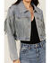 Image #3 - Veveret Women's Light Wash Studded Fringe Cropped Denim Jacket, Light Wash, hi-res
