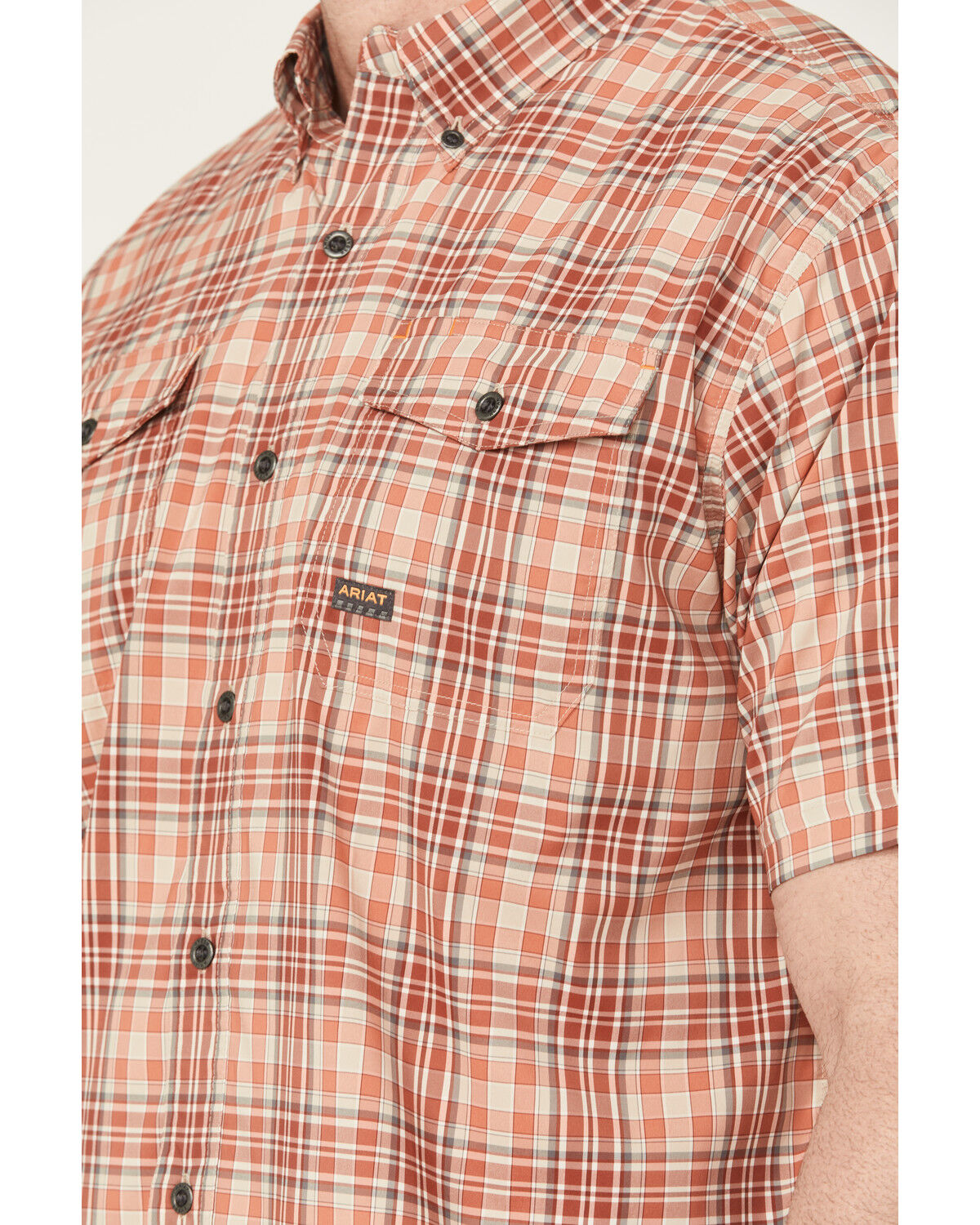 Image #3 - Ariat Men's Rebar Plaid Print Short Sleeve Button-Down Work Shirt, Red, hi-res