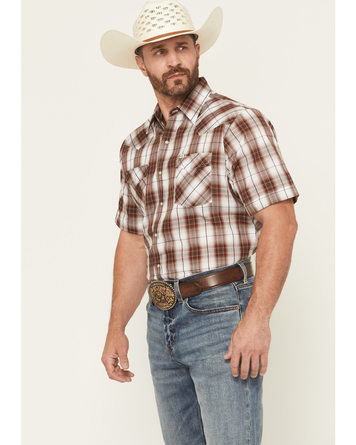 Image #1 - Ely Walker Men's Plaid Print Short Sleeve Snap Western Shirt - Tall, Burgundy, hi-res
