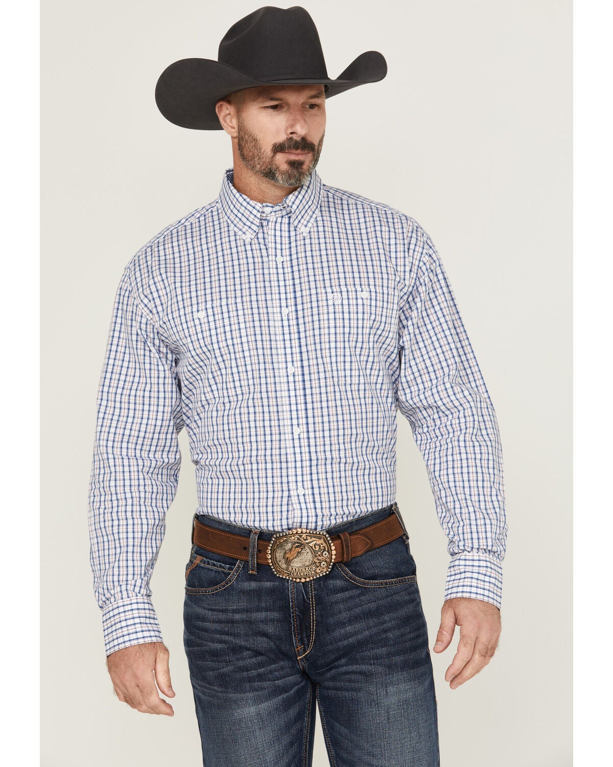 Wrangler Men's Plaid Print Long Sleeve Button-Down Stretch Western Shirt, Blue, hi-res