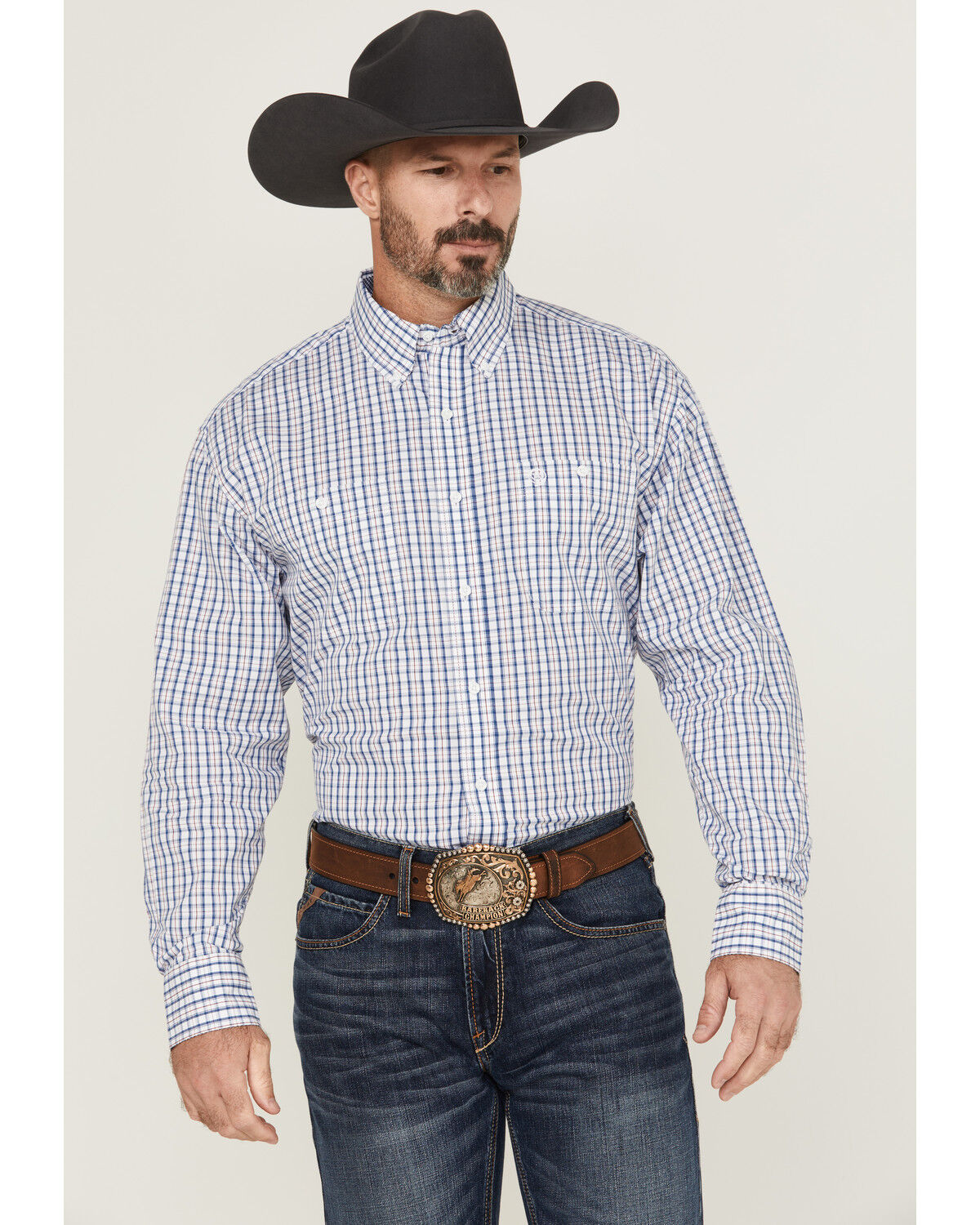 Image #1 - Wrangler Men's Plaid Print Long Sleeve Button-Down Stretch Western Shirt, Blue, hi-res