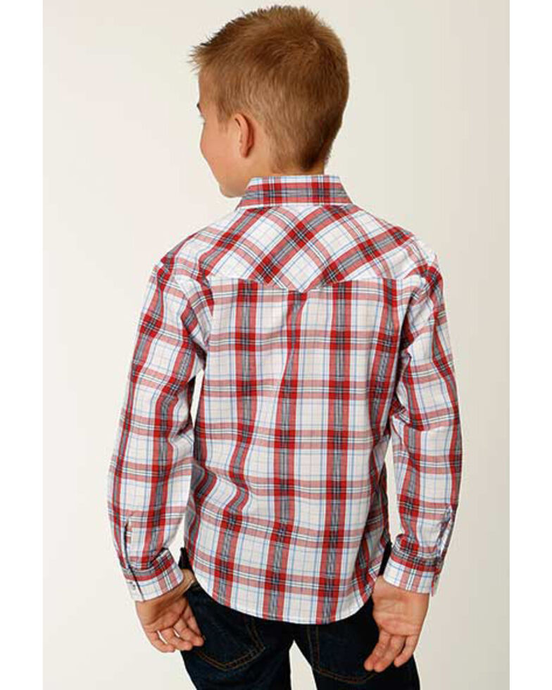 Roper Boys' Classic Red Plaid Long Sleeve Snap Western Shirt , White, hi-res