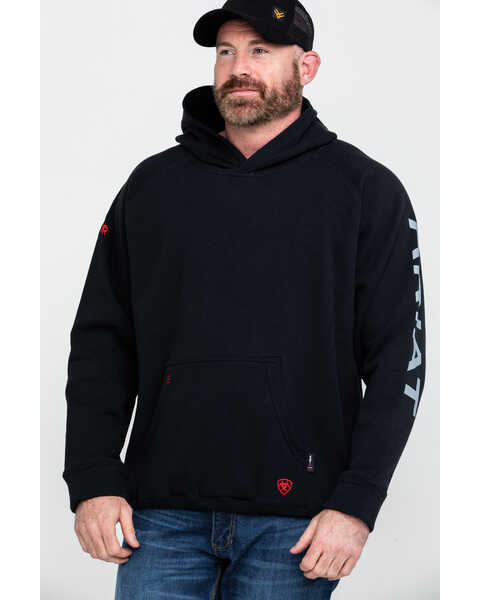 Ariat Men's Black FR Primo Fleece Logo Hooded Work Sweatshirt , Black, hi-res