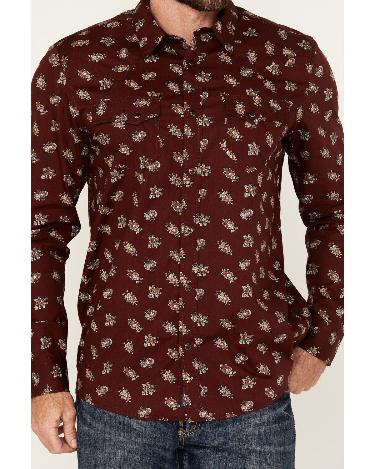 Image #3 - Moonshine Spirit Men's Nightmare Paisley Print Long Sleeve Snap Western Shirt, Burgundy, hi-res