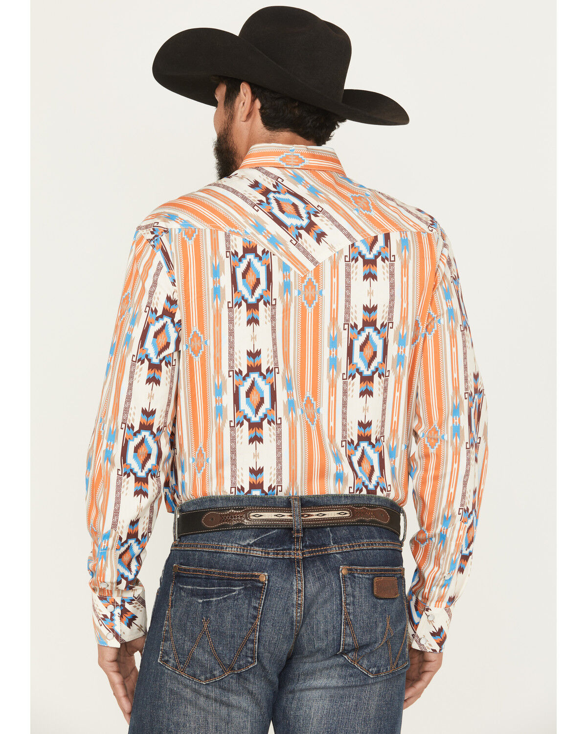 Image #4 - Rock & Roll Denim Men's Southwestern Print Long Sleeve Snap Stretch Western Shirt, Orange, hi-res