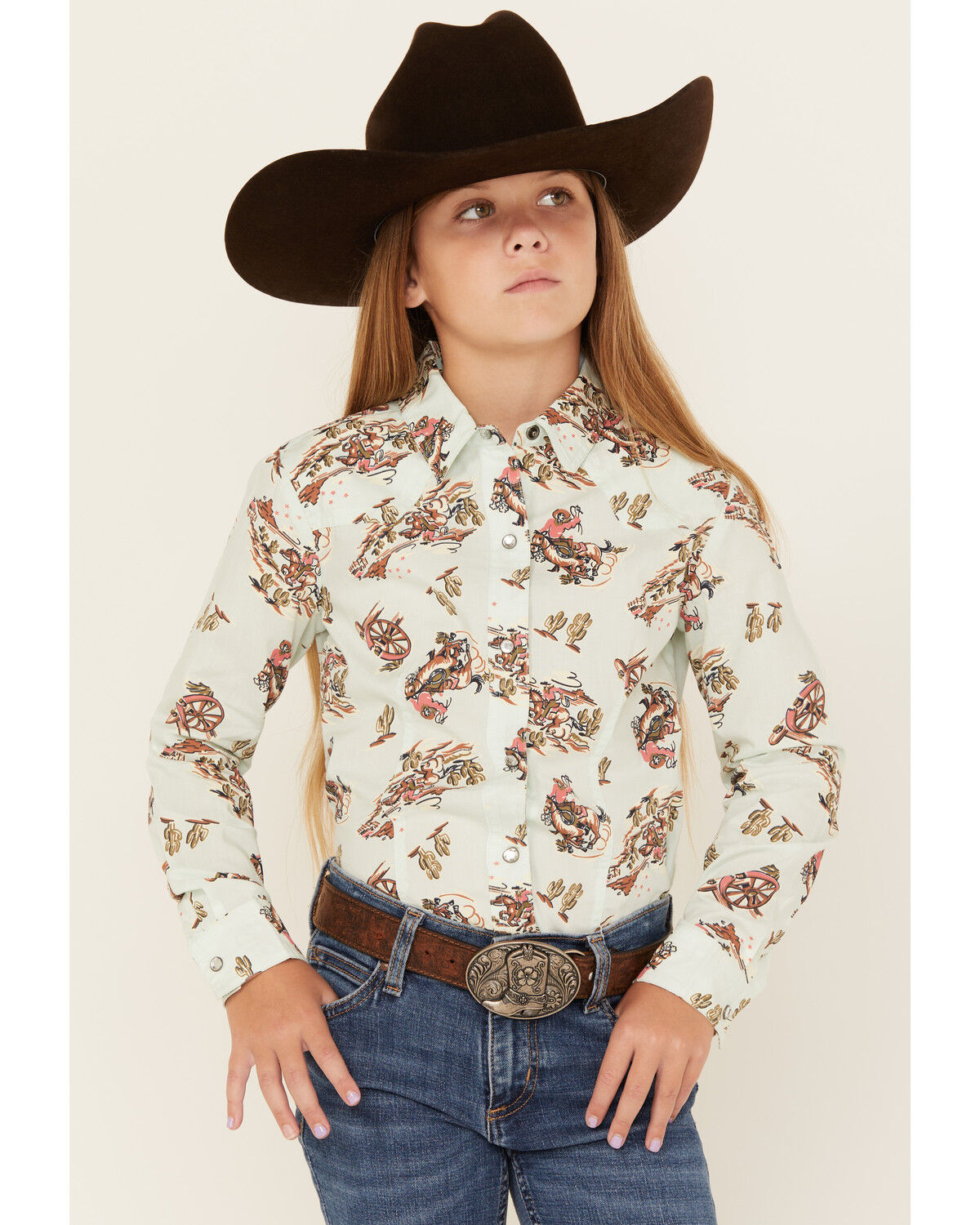 Image #1 - Cruel Girl Girls' Printed Long Sleeve Rhinestone Snap Western Shirt, Light Blue, hi-res