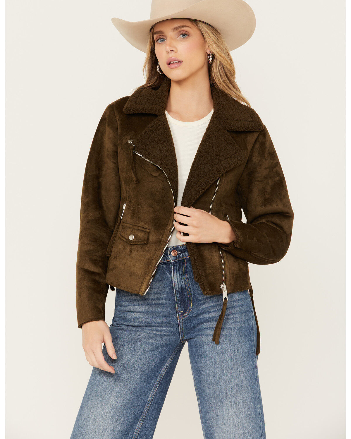 Image #1 - Cleo + Wolf Women's Faux Suede Moto Jacket, Olive, hi-res