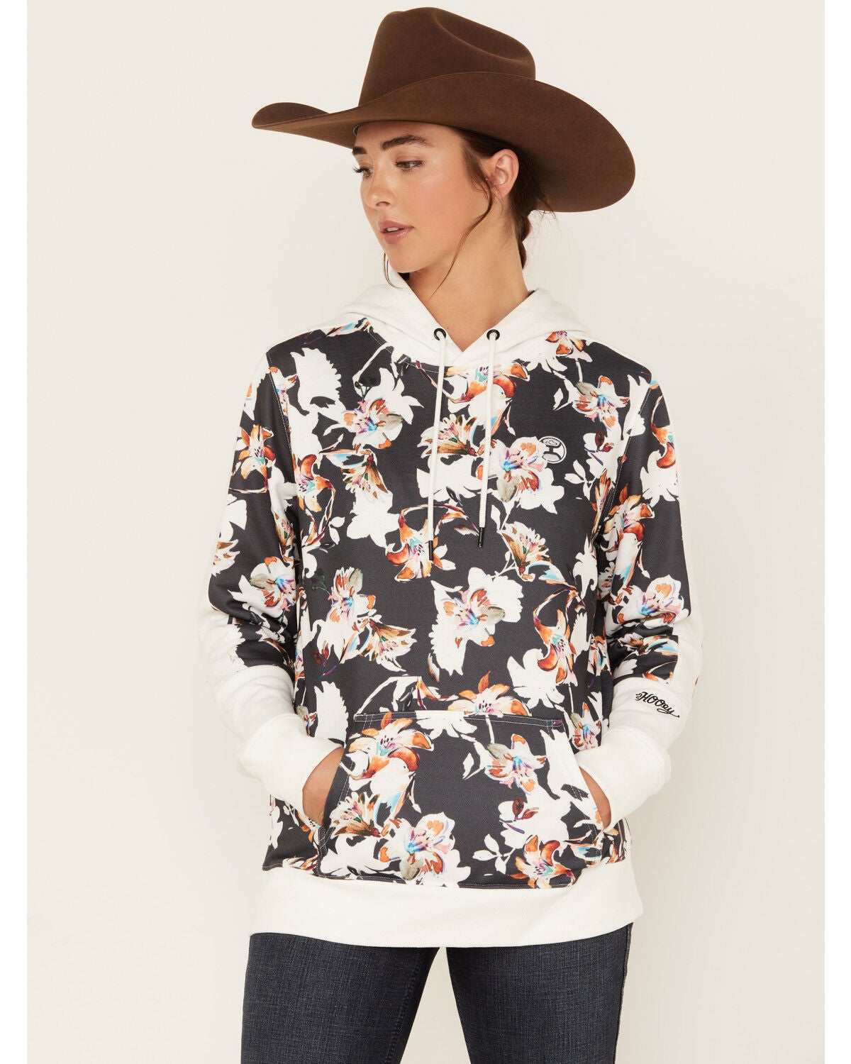 Hooey Women's Boot Barn Exclusive Contrast Floral Print Hoodie, Black, hi-res