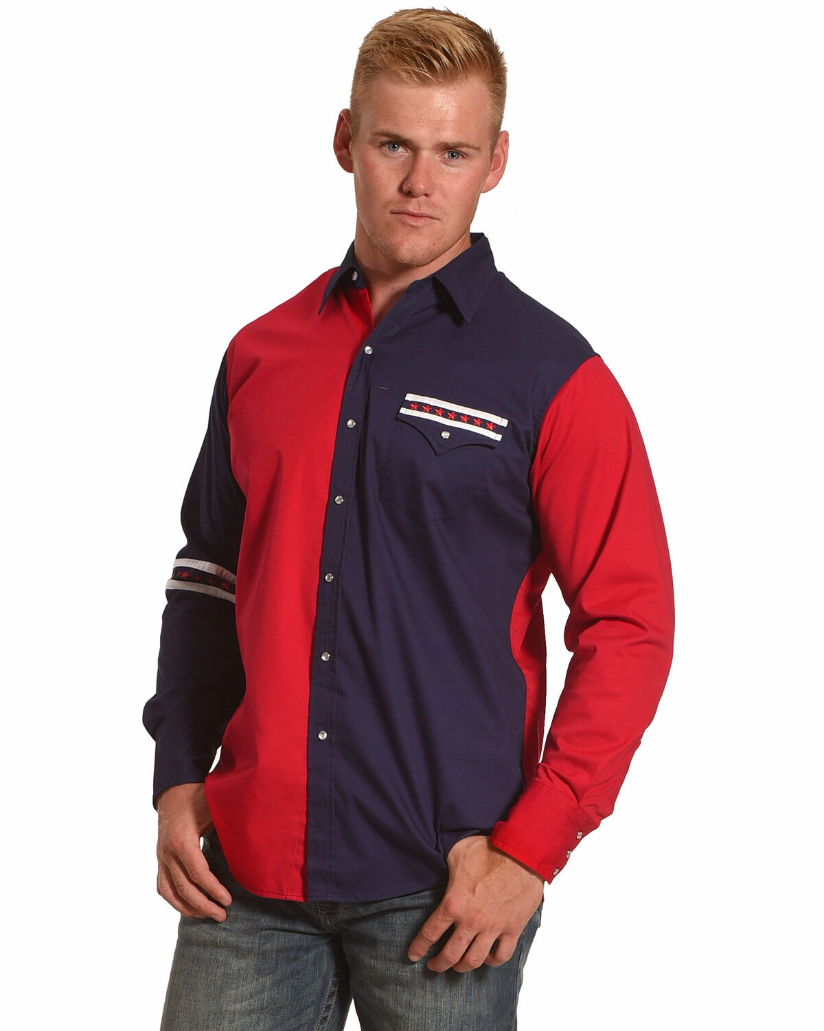 Image #1 - Ely Walker Men's Americana Colorblock Long Sleeve Western Shirt, Blue, hi-res