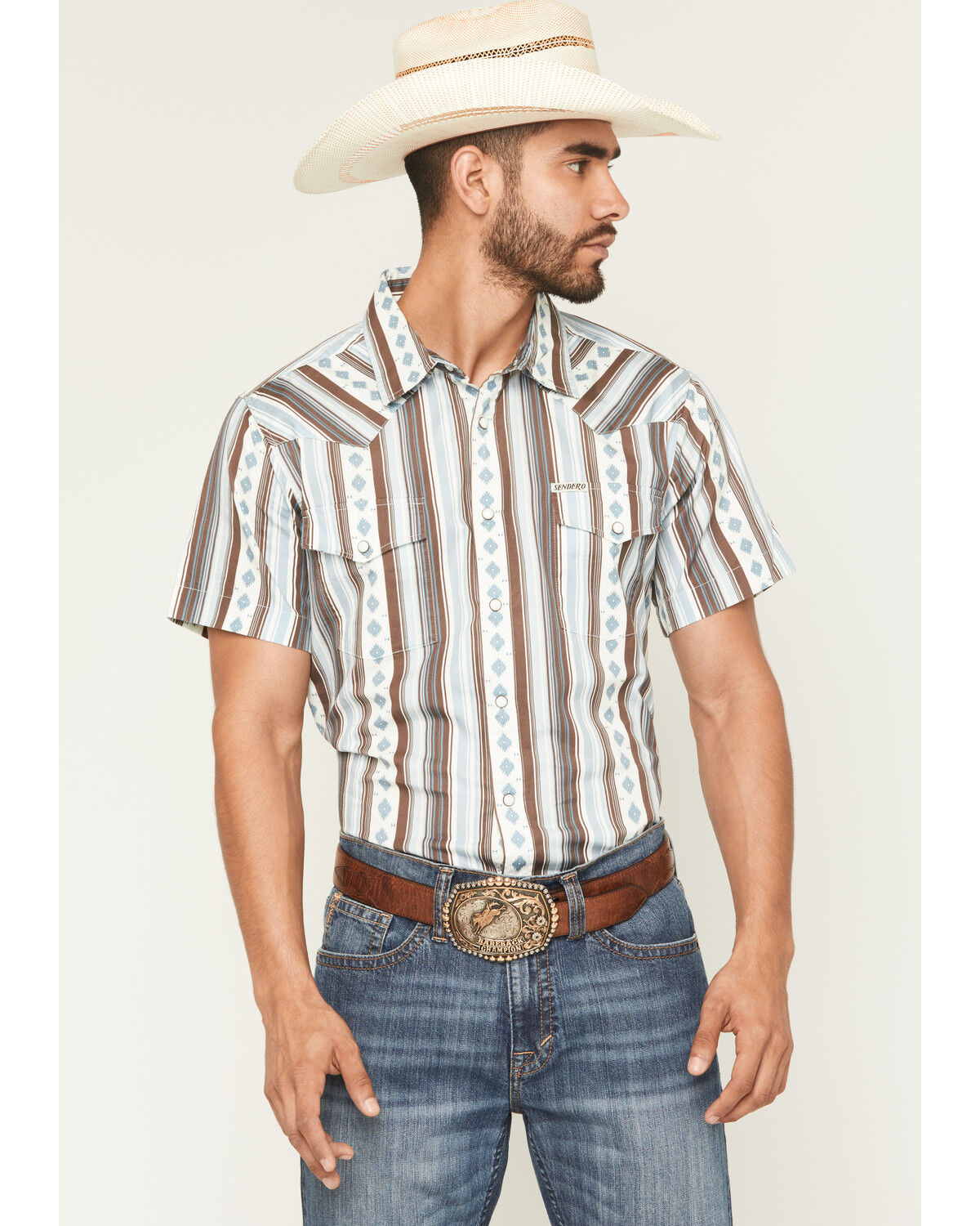 Image #1 - Sendero Provisions Men's Wyatt Serape Striped Short Sleeve Snap Western Shirt, Multi, hi-res
