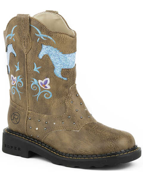 Roper Toddler-Girls' Turquoise Glitter Horse Light-Up Western Boots - Round Toe , Tan, hi-res