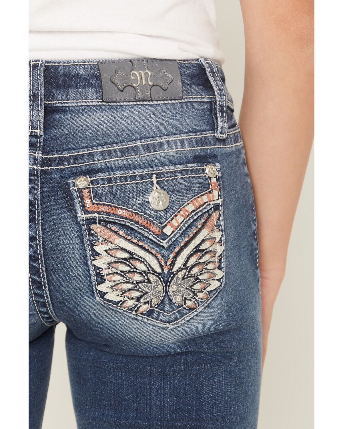 Image #4 - Miss Me Girls' Medium Wash Mid Rise Wing Pocket Bootcut Stretch Denim Jeans, Medium Wash, hi-res