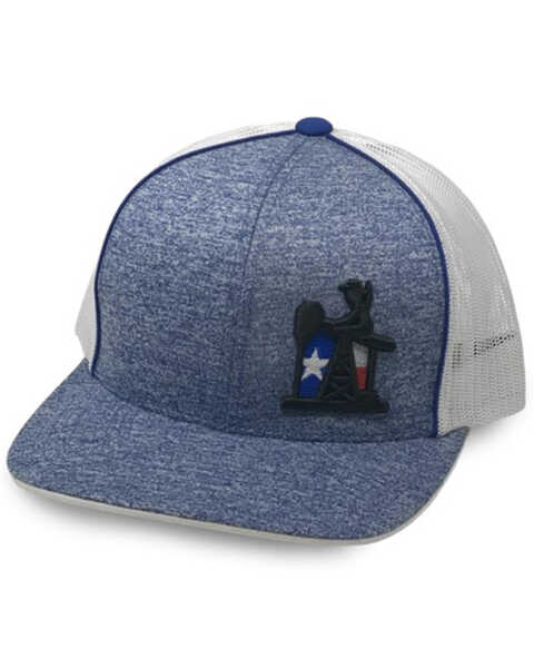 Oil Field Hats Men's Heather Blue Texas Flag Puff Embroidery Mesh-Back Trucker Cap , Blue, hi-res