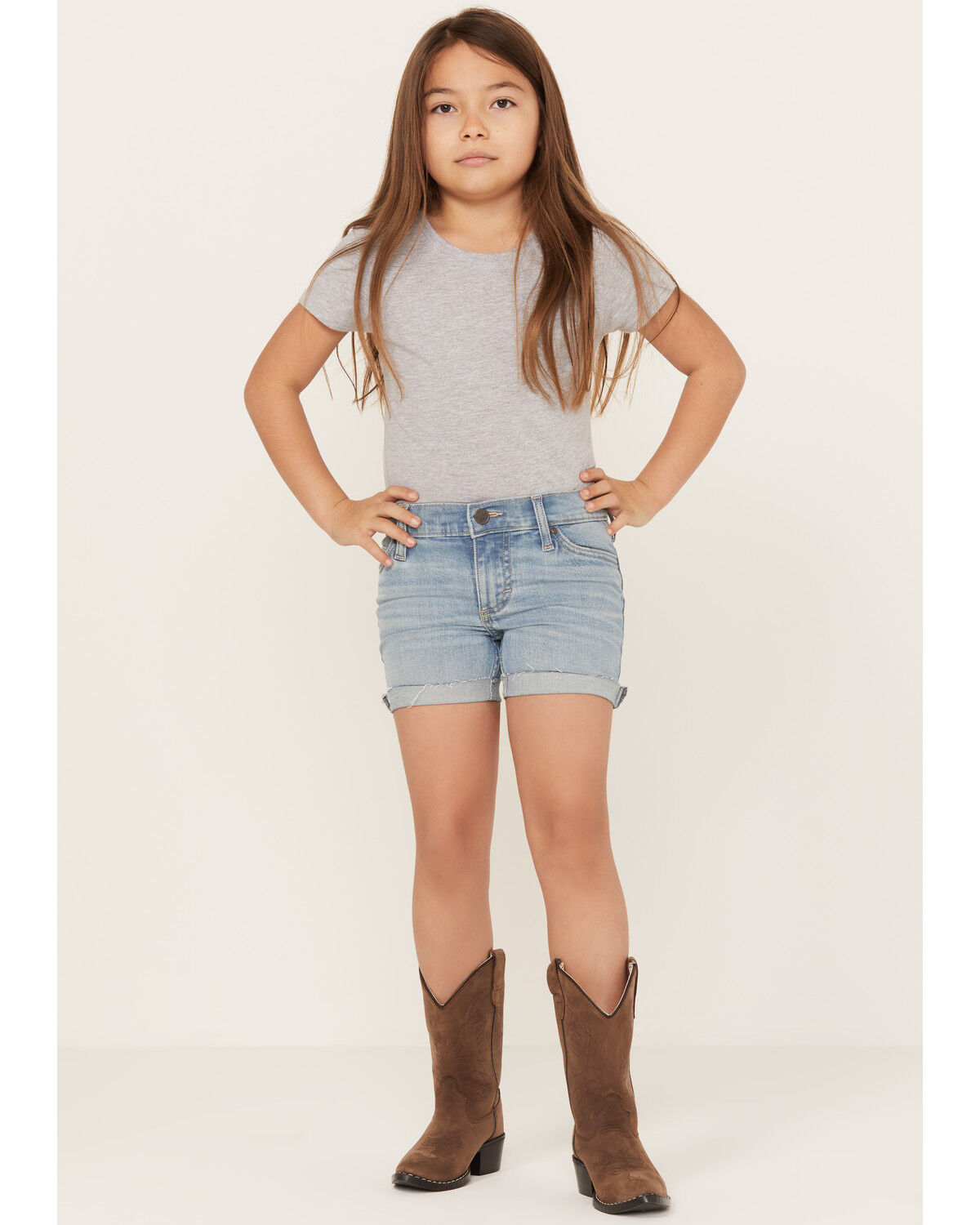 Image #1 - Wrangler Girls' Light Wash Cuffed Daisy Embroidered Jean Shorts, Blue, hi-res