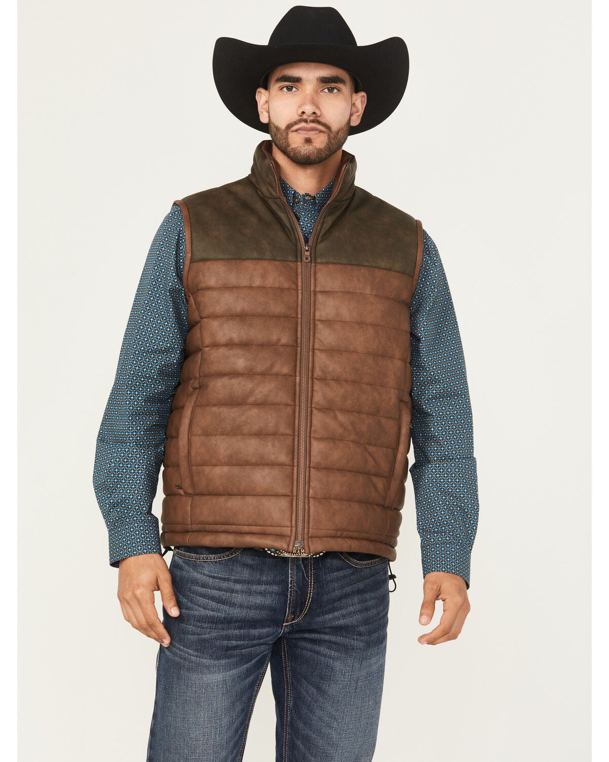 Cripple Creek Men's Faux Leather Puffer Vest, Brown, hi-res