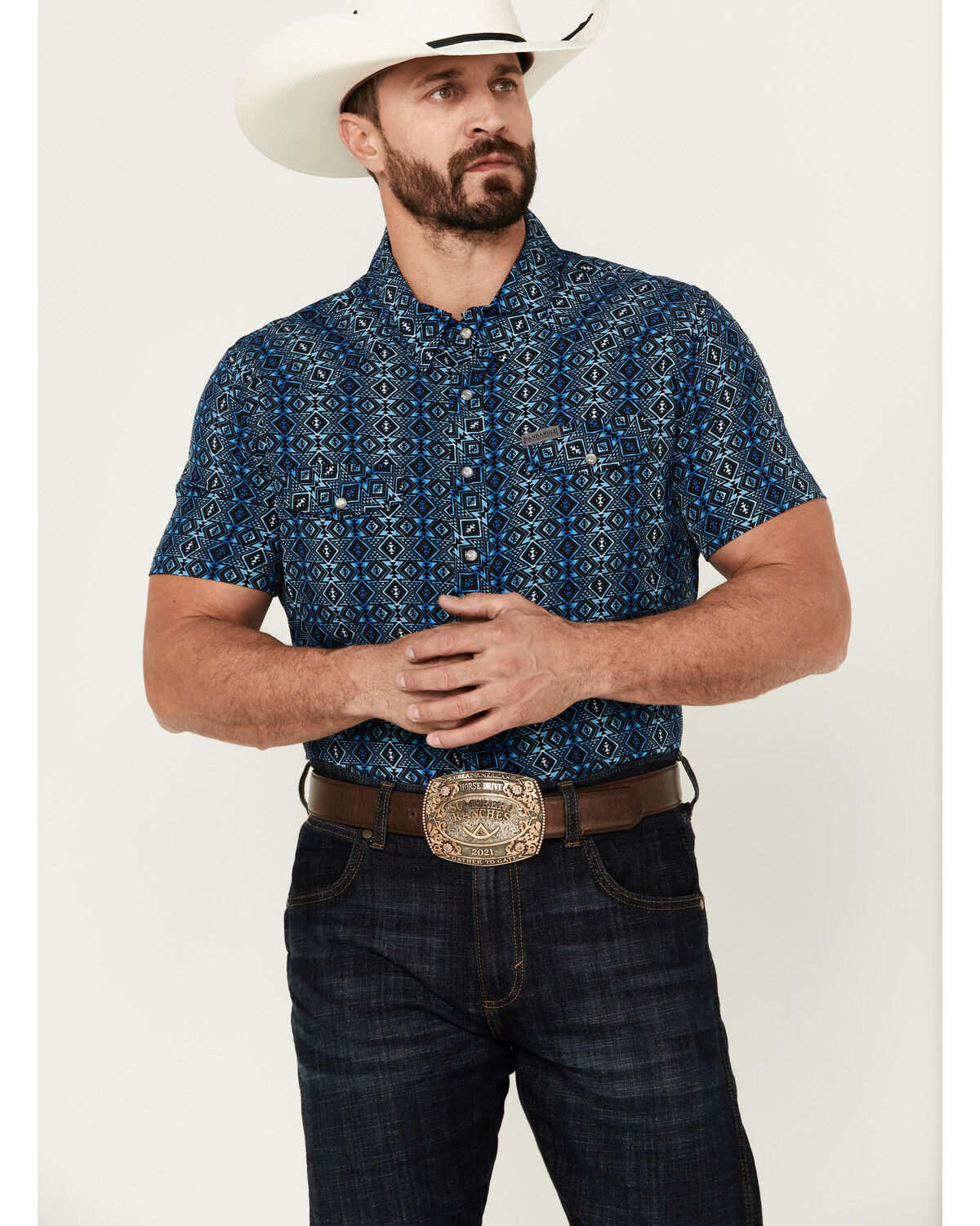 Image #1 - Panhandle Men's Southwestern Print Short Sleeve Pearl Snap Performance Western Shirt, Dark Blue, hi-res