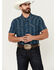 Image #1 - Panhandle Men's Southwestern Print Short Sleeve Pearl Snap Performance Western Shirt, Dark Blue, hi-res